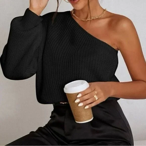 Black One Shoulder Pullovers - Picture 2 of 6